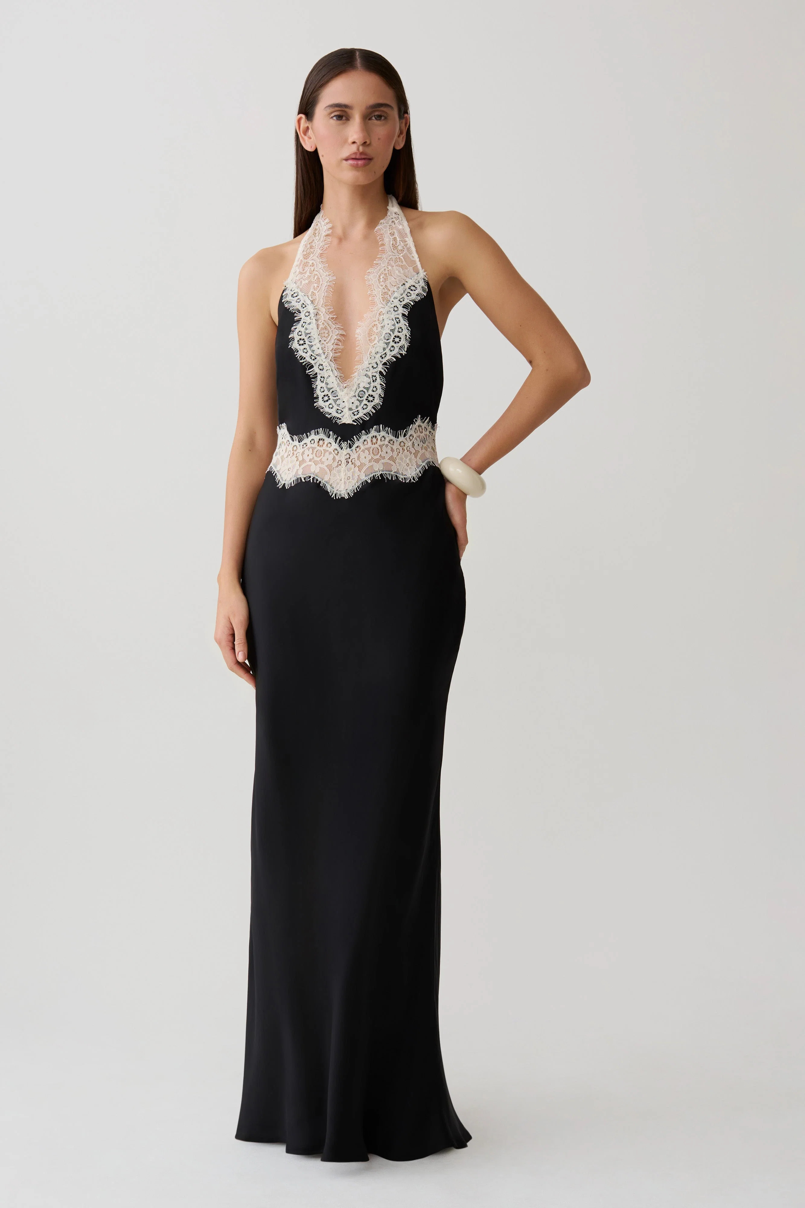 Louise Satin And Lace Maxi Dress - Black/Ivory | Meshki UK