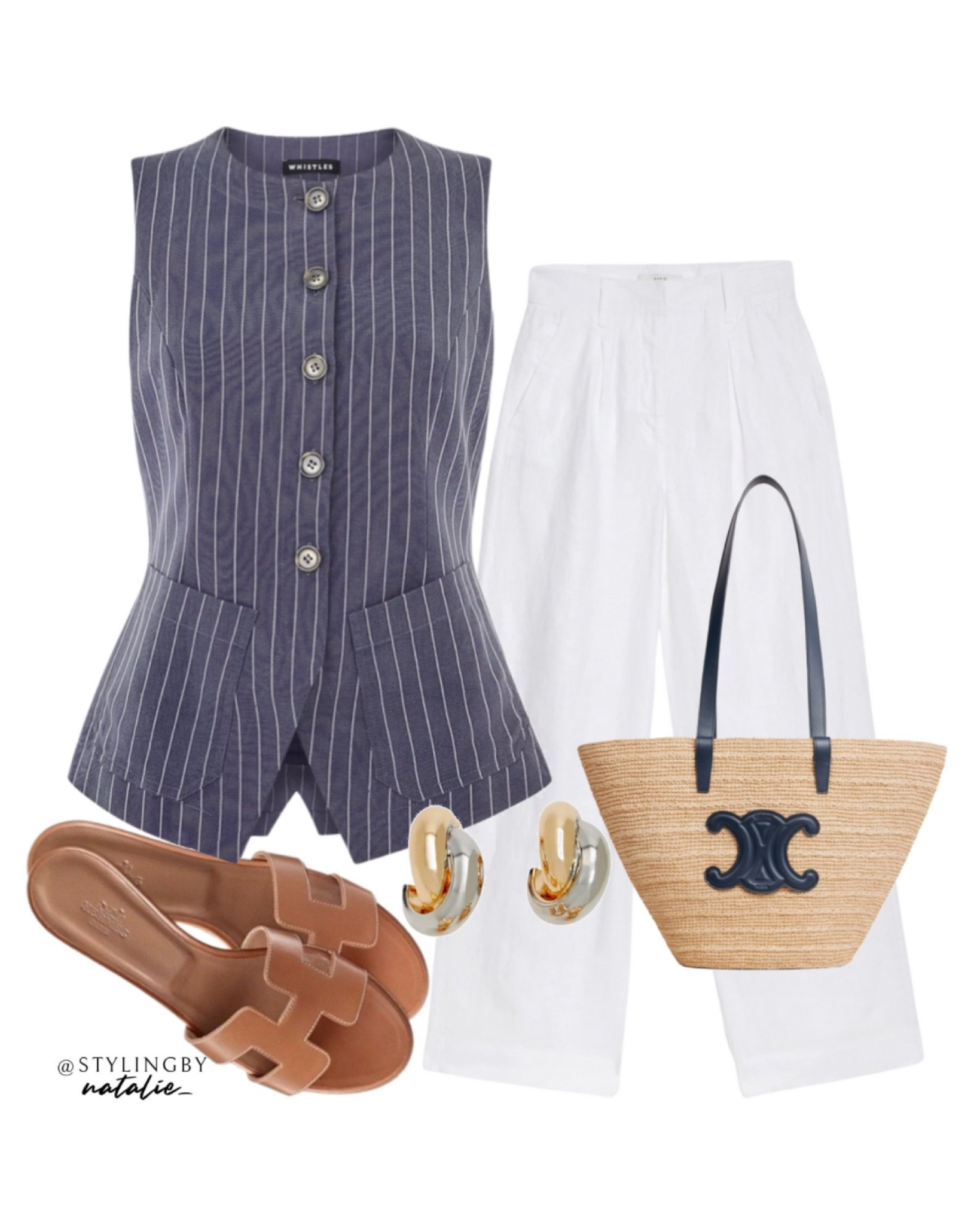 Navy pinstripe waistcoat, wide leg linen trousers, celine raffia tote bag, tan sandals.
Summer outfit, Europe outfits

#LTKstyletip #LTKshoes #LTKuk