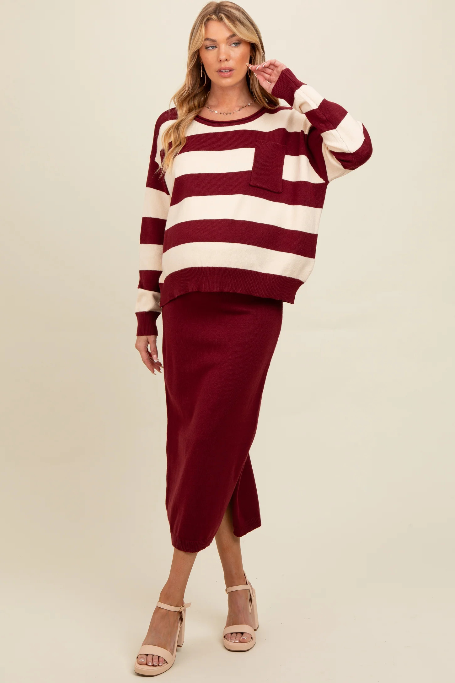 Burgundy Striped Sweater And Fitted Midi Skirt Maternity Set | PinkBlush Maternity