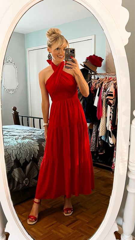 Red criss cross halter maxi dress only $29.99 with a 20% promo code 9QTDOEV9. While supplies last! I am in a small and other colors available - red espadrille wedges only $25 - beaded statement earrings - Amazon fashion - Amazon finds - Amazon deal - Amazon deals - Amazon promo code - Amazon promo codes - summer dress - date night dress - wedding guest dress 

#LTKsalealert #LTKSeasonal #LTKunder50