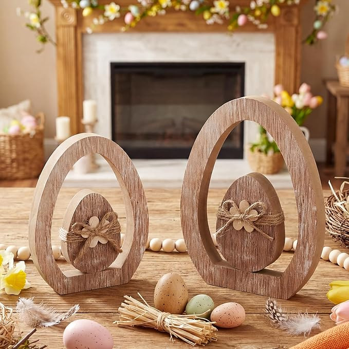 RattanView 2 Pcs Easter Wood Egg Decorations 5.91 Inch Rustic Retro Wooden Standing Decor with Eg... | Amazon (US)