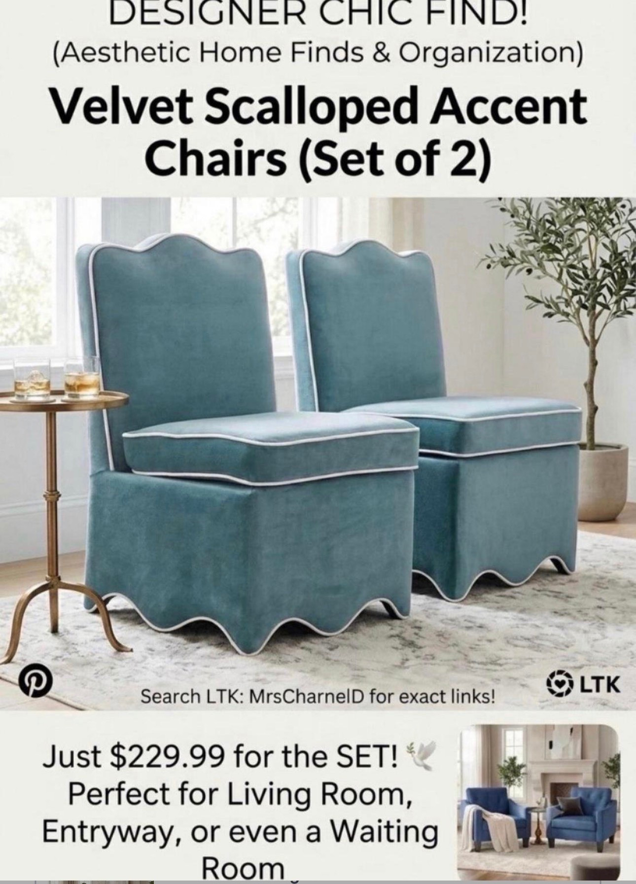 I am completely obsessed with this velvet scalloped accent chair set! The piping detail, scalloped base, and rich velvet fabric give major high-end designer vibes—but you get the entire SET OF 2 for just $229.99! 🏷️
Why You'll Love Them:
 High-End Design: Gorgeous scalloped edging & contrasting piping details.
 Versatile Styling: Perfect as dining head chairs, living room accent seating, entryway statements, or vanity chairs!
 Budget-Friendly Luxury: Looks like a $1,000+ custom designer set for under $230 total.