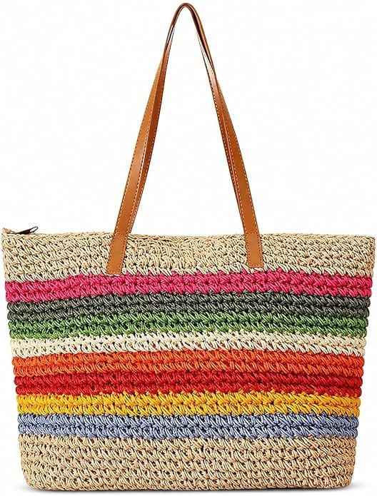Straw Rainbow Handbags Women’s Cotton Crochet Hand-Woven Tote Bag Top Handle Casual Shoulder Me... | Amazon (US)