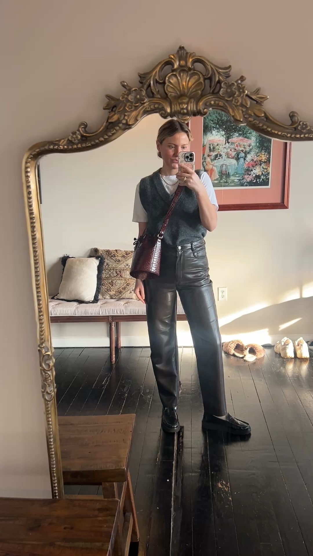 Fall outfit, office look, workwear chic, work wardrobe, chic outfit ideas for fall, fall 2025 trends, leather pants, sweater vest, affordable fashion under $100

#LTKFindsUnder100 #LTKWorkwear #LTKStyleTip