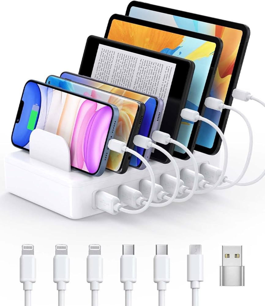 Charging Station for Multiple Devices Apple, CREATIVE DESIGN 50W Multi Charger Station with 6 USB... | Amazon (US)
