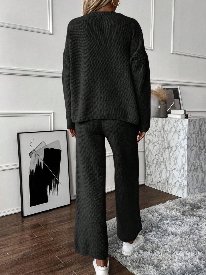 SHEIN Frenchy Women'S Drop Shoulder Pocket Sweater And Knitted Pants Set | SHEIN