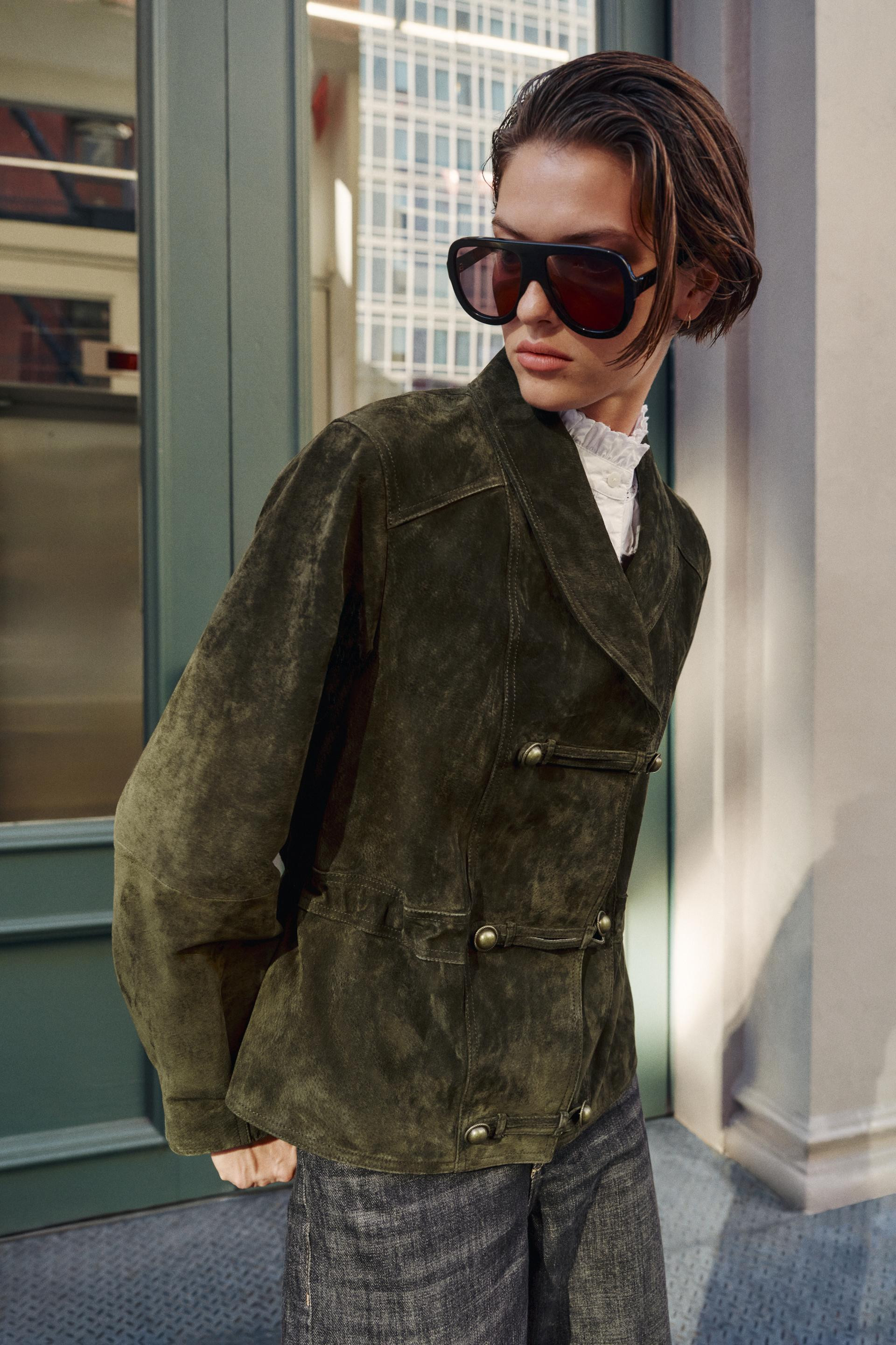 Zara - 100% Leather Frog Fastening Jacket - Khaki - M - Woman | Zara US