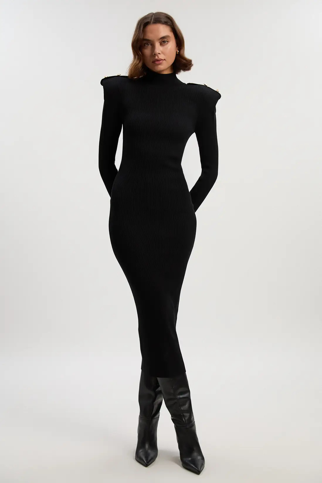 Dresses | Viscose Blend Rib Knit Power Shoulder Long Sleeve Military Trim Maxi Dress | KarenMille... | Karen Millen US