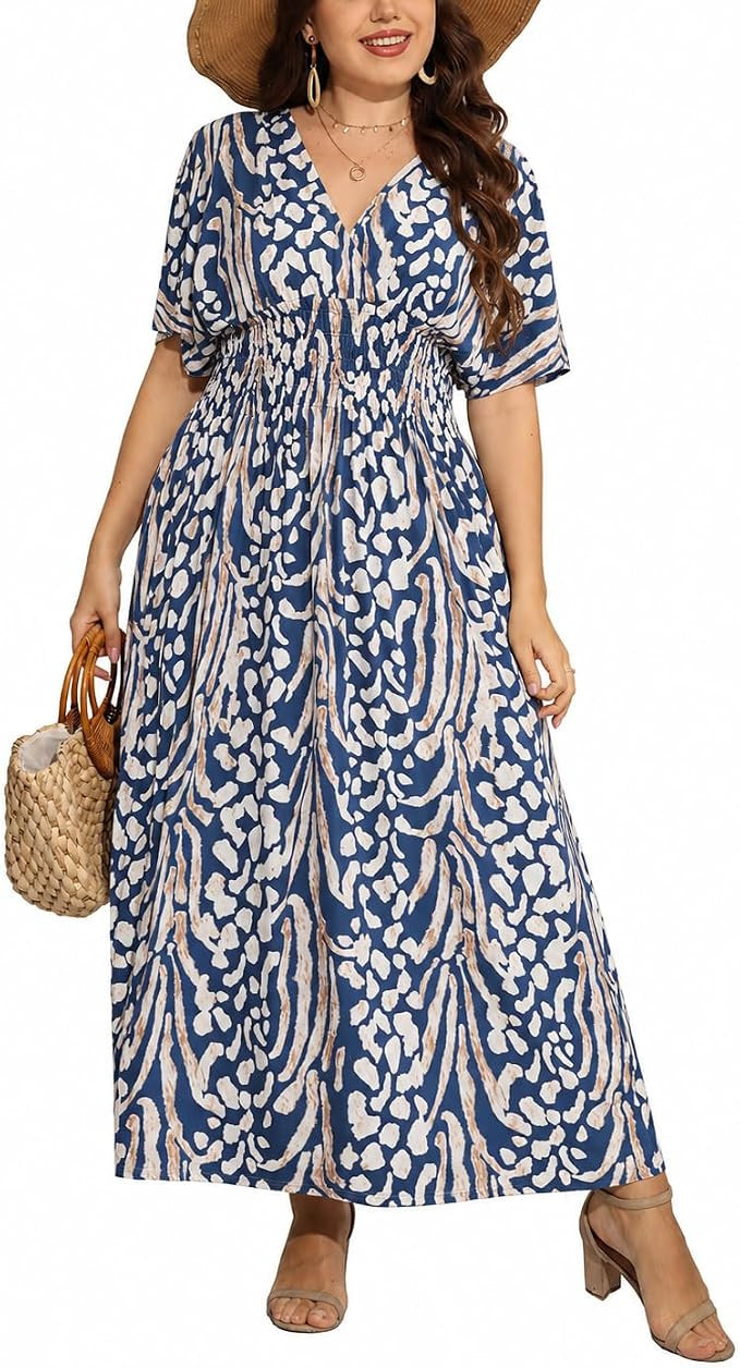 OSTOO Women's Plus Size Hawaii Empire Waist Bat Short Sleeve Casual Floral Print Boho Maxi Dress | Amazon (US)