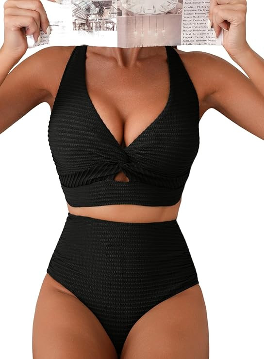 Herseas Women's Textured Bikini Sets Twist Front Top Swimsuits High Waisted Bathing Suits | Amazon (US)