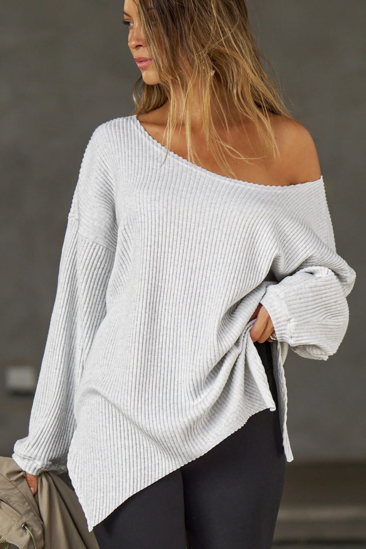 Off Shoulder Tunic - Pearl Grey Luxe Knit | Joah Brown