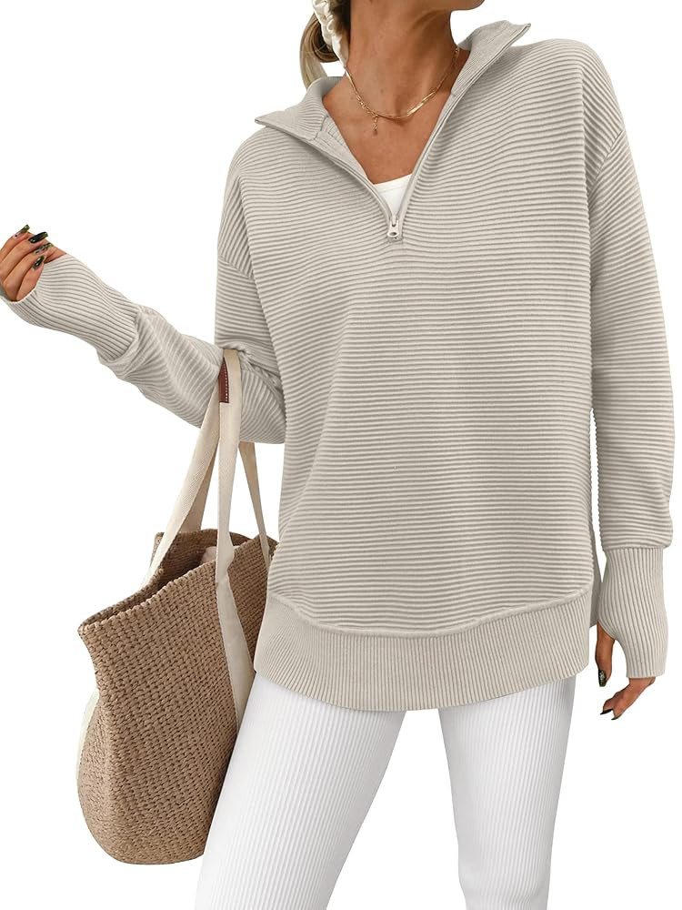 PRETTYGARDEN Womens Long Sleeve Quarter Zip Pullover Sweater Casual Loose V Neck Collared Ribbed ... | Amazon (US)