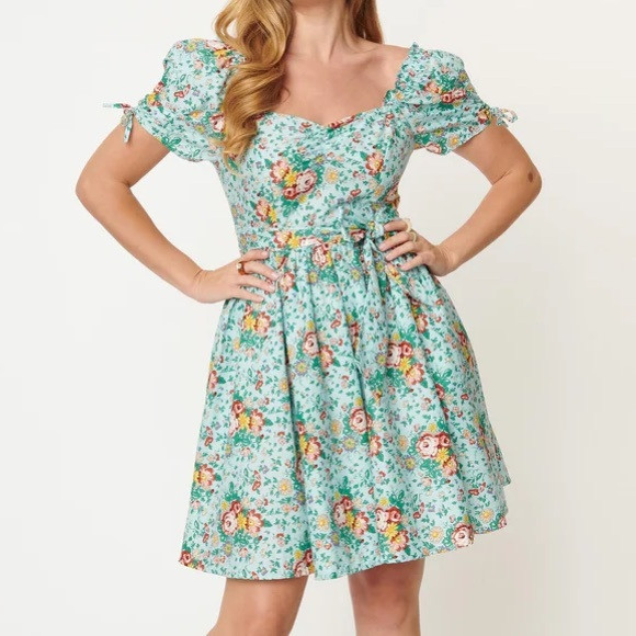 Unique Vintage Light Blue & Multicolor Floral Print Dakota Flare Dress | Poshmark