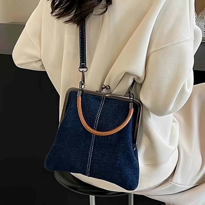 Denim Crossbody Tote Bags For Women, Mini Blue Denim Totebag Kiss Lock Purses And Handbags Access... | Amazon (US)