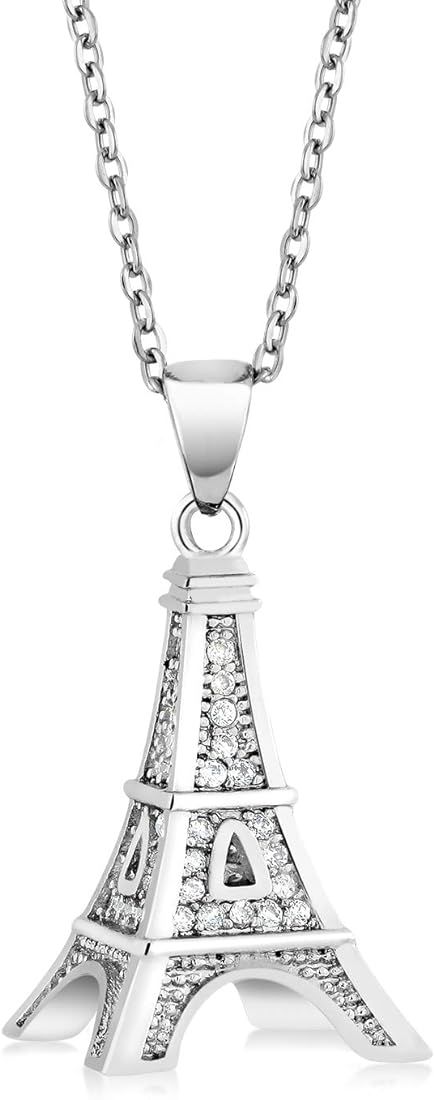Gem Stone King 925 Sterling Silver France Eiffel Tower White CZ Pendant Necklace for Women (0.5 Inch | Amazon (US)
