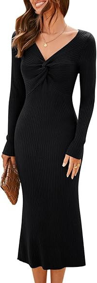 MIHOLL Womens 2023 Sweater Dress Long Sleeve V Neck Twist Front Slim Fit Ribbed Knit Bodycon Midi... | Amazon (US)