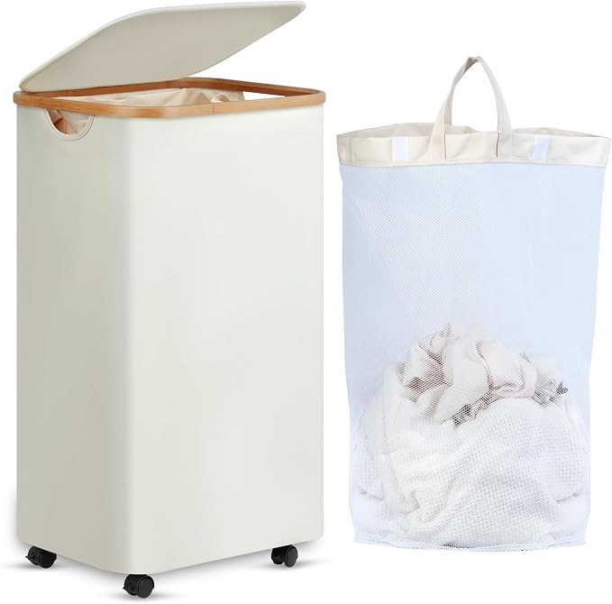 efluky Laundry Basket with Wheels, Tall Rolling Laundry Hamper with Lid and Removable Bag, Aesthe... | Amazon (US)