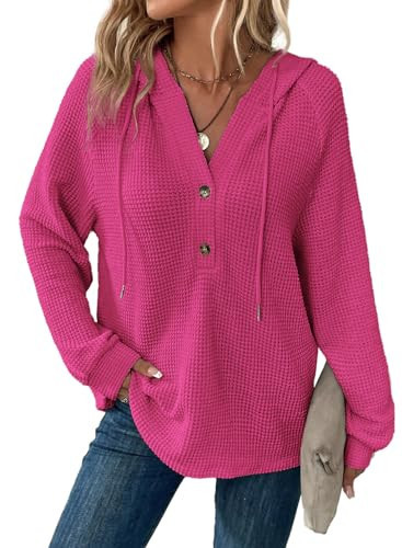 Dokotoo Womens Sweaters Hoodies Oversized Sweatshirt for Women Casual Waffle Knit Drawstring Button Up V Neck Long Sleeve Lightweight Soft Loose Hoodie Pullover Sweatshirts Tunic Tops Rosy Medium | Amazon (US)