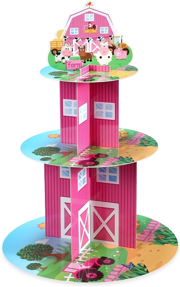 Farm Cupcake Stand 3 Tier Farm Animal Birthday Party Supplies Barnyard Cupcake Stand Pink Farm Ca... | Amazon (US)