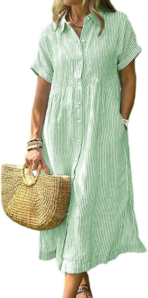 chouyatou Women's Summer Striped Midi Long Shirt Dress Casual Loose Short Sleeve Button Down Dres... | Amazon (US)