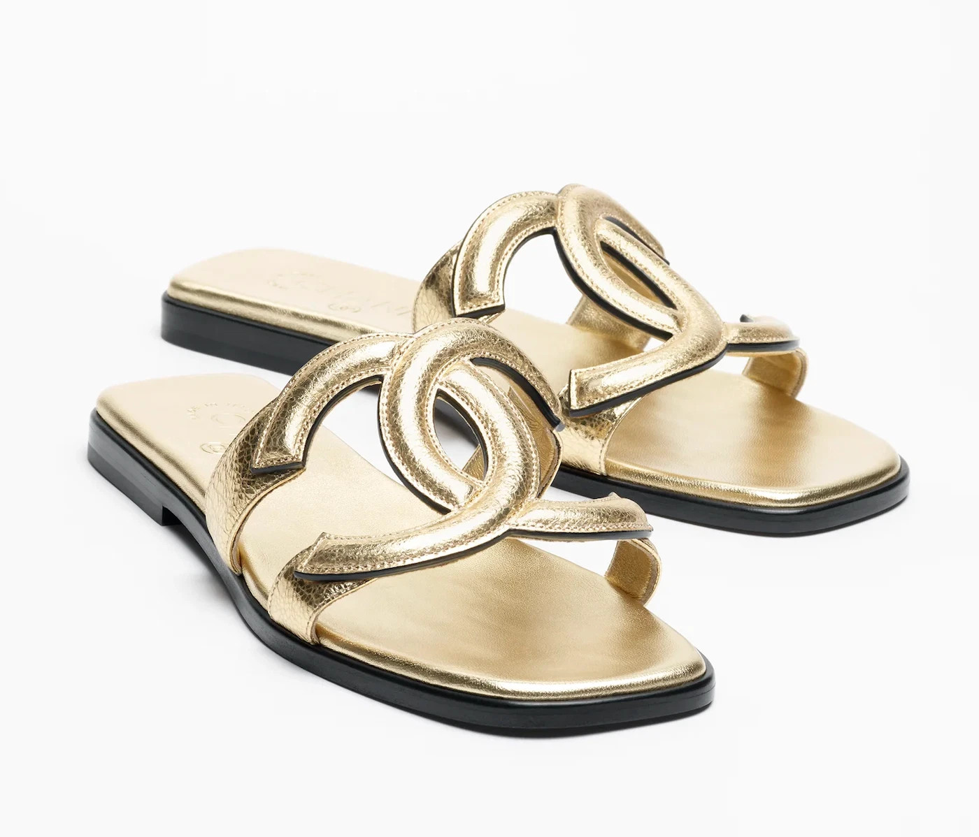 Chanel 26S Golden Gold Cracked Leather XL CC Logo Mules Slides Flat Sandals 38.5 | eBay US