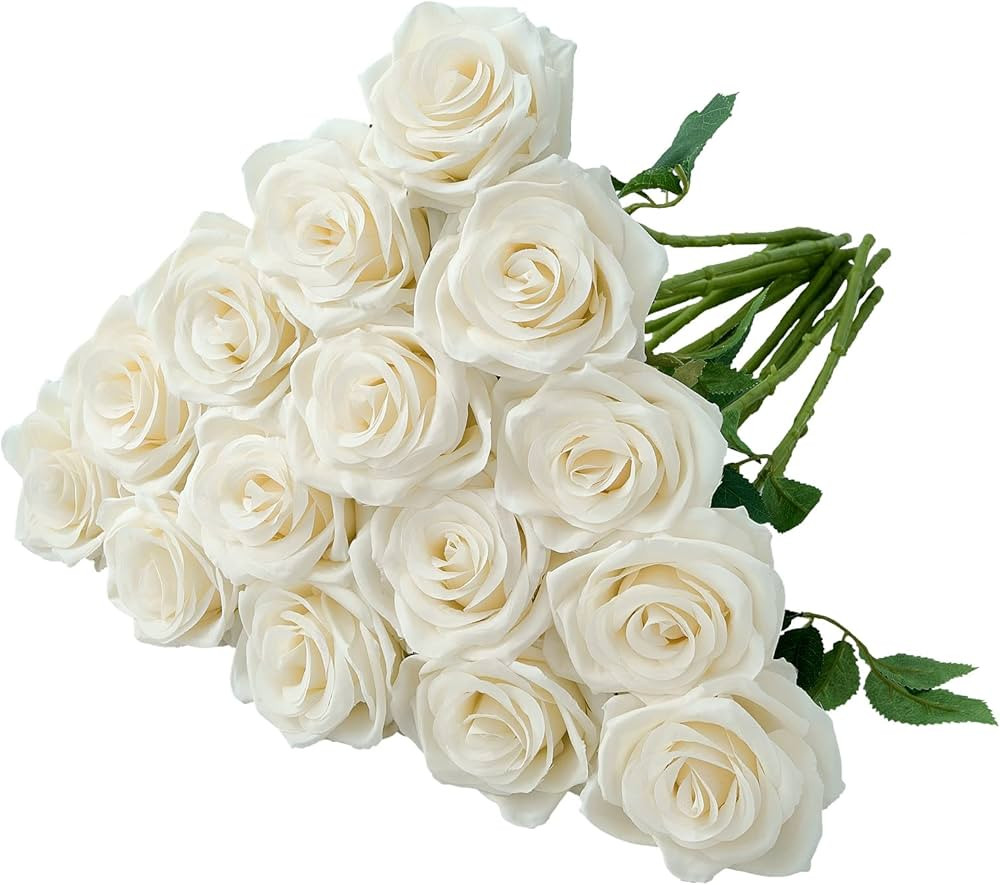 15pcs Ivory Roses Artificial Flowers Silk Fake flowers Realistic white Roses Bouquet Long Stem fo... | Amazon (US)