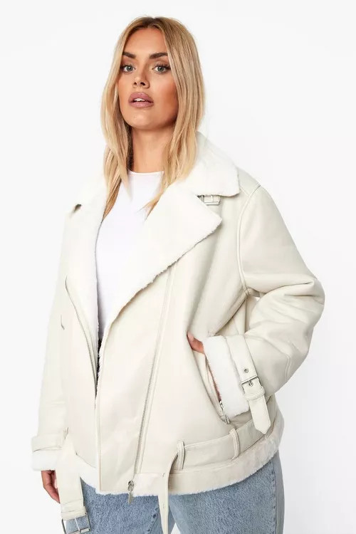 Plus Faux Leather Lined Oversized Aviator Jacket | Boohoo.com (US & CA)