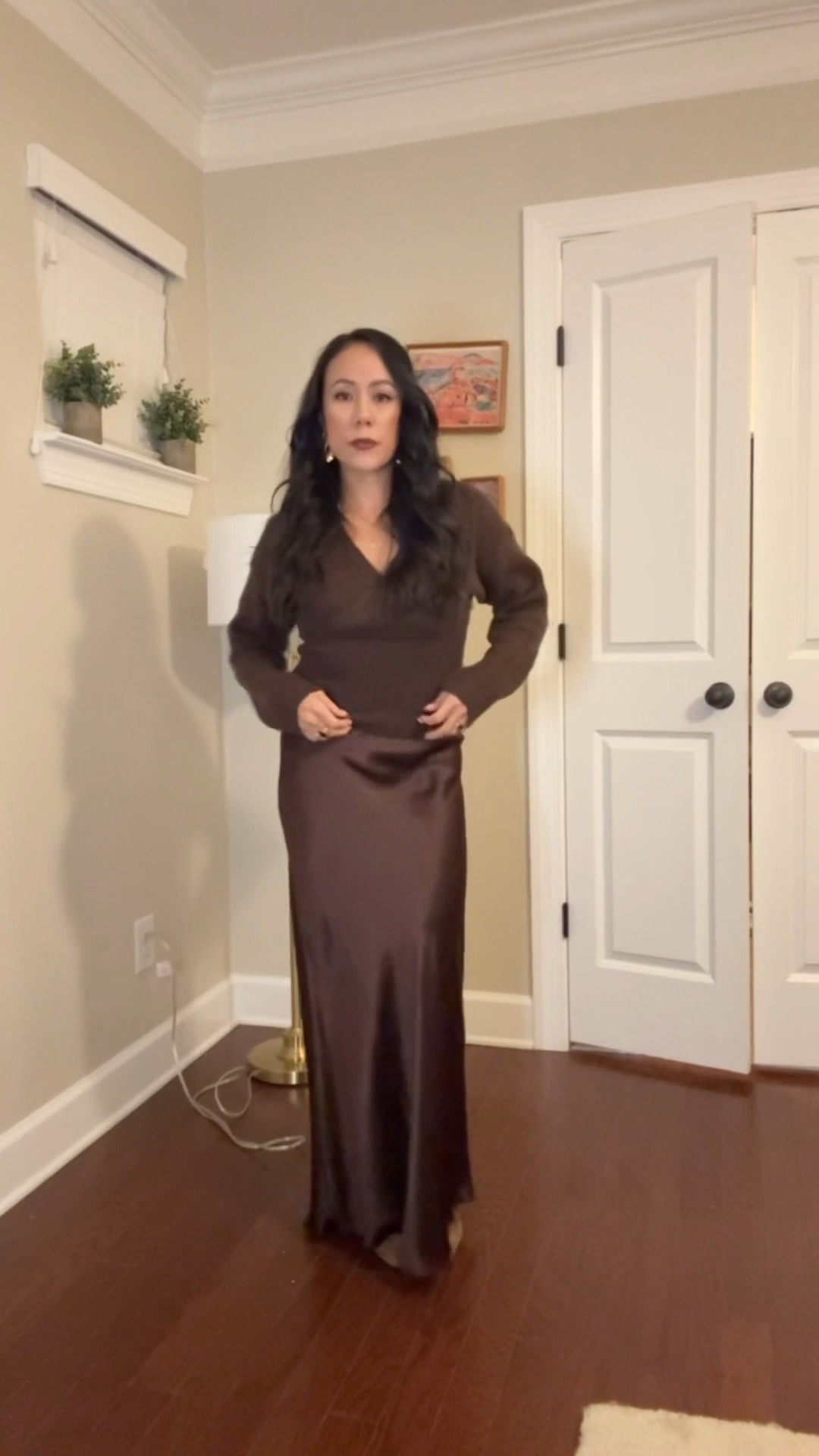 Wrap sweater in S. TTS. XS in coat, oversized fit. Small in skirt. TTS but a little long for petite frame. Need the 3.5 inch heels to wear them! 