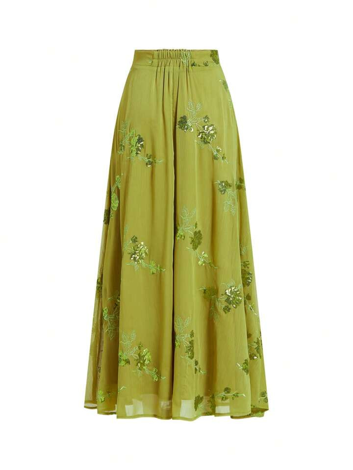Ellevyn Women's Elegant Green Floral Embroidered Skirt Summer Clothes Sequin Green Skirt Women Honeymoon Outfits Woman Graduation Bohu Women Plus Sun Skirt | SHEIN