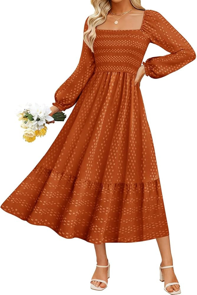 RITERA Plus Size Fall Dresses for Curvy Women Maxi Wedding Guest Long Sleeve Smocked Swiss Dot Wi... | Amazon (US)