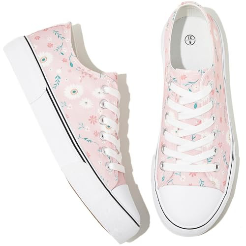 Adokoo Canvas Tennis Shoes for Women Low Top Casual White Pink Flower Sneakers for Women Lace Up Fashion Comfortable Walking Shoes (Pink Flower,7.5) | Amazon (US)