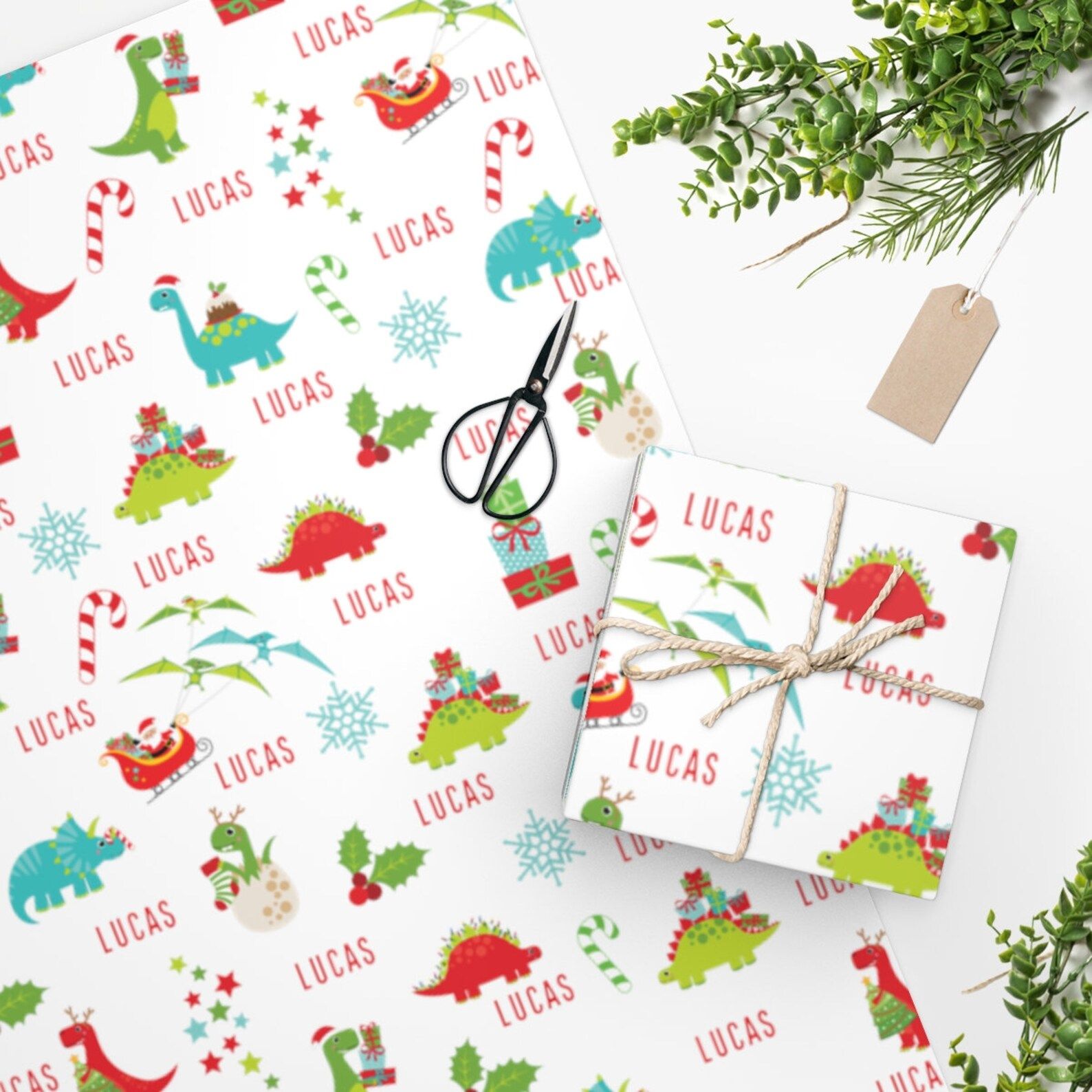 Personalized Christmas Wrapping Paper. Xmas Dinos gift wrap. Custom name, Holiday, Christmas, pre... | Etsy (US)