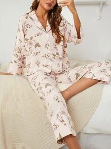 Floral Print Contrast Piping Blouse & Pants PJ Set
   SKU: si2109291723315050      
          (5 ... | SHEIN