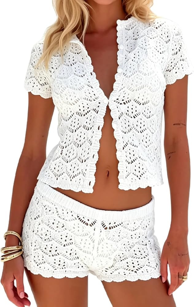 MakeMeChic Women's Crochet 2 Piece Sets Boho Tops Mini Shorts Swimsuit Coverup Beach Vacation Out... | Amazon (US)