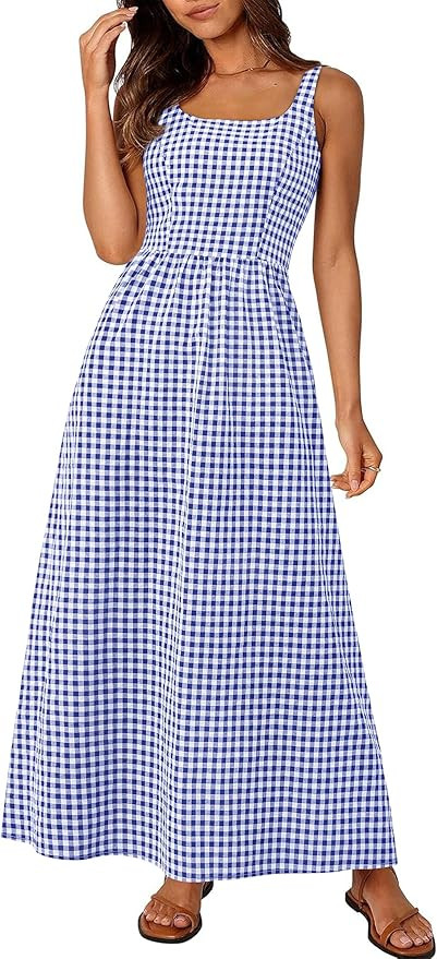 PRETTYGARDEN Women's 2026 Summer Spaghetti Strap Maxi Dresses Plaid Square Neck A Line Casual Bea... | Amazon (US)