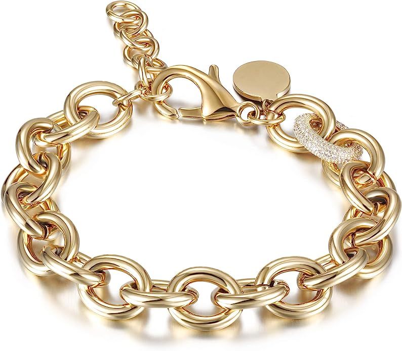 CIUNOFOR CZ Bracelet for Women Girls Wide Cuban Curb Oval Link Bracelet Silver Rose Gold Plated 9... | Amazon (US)