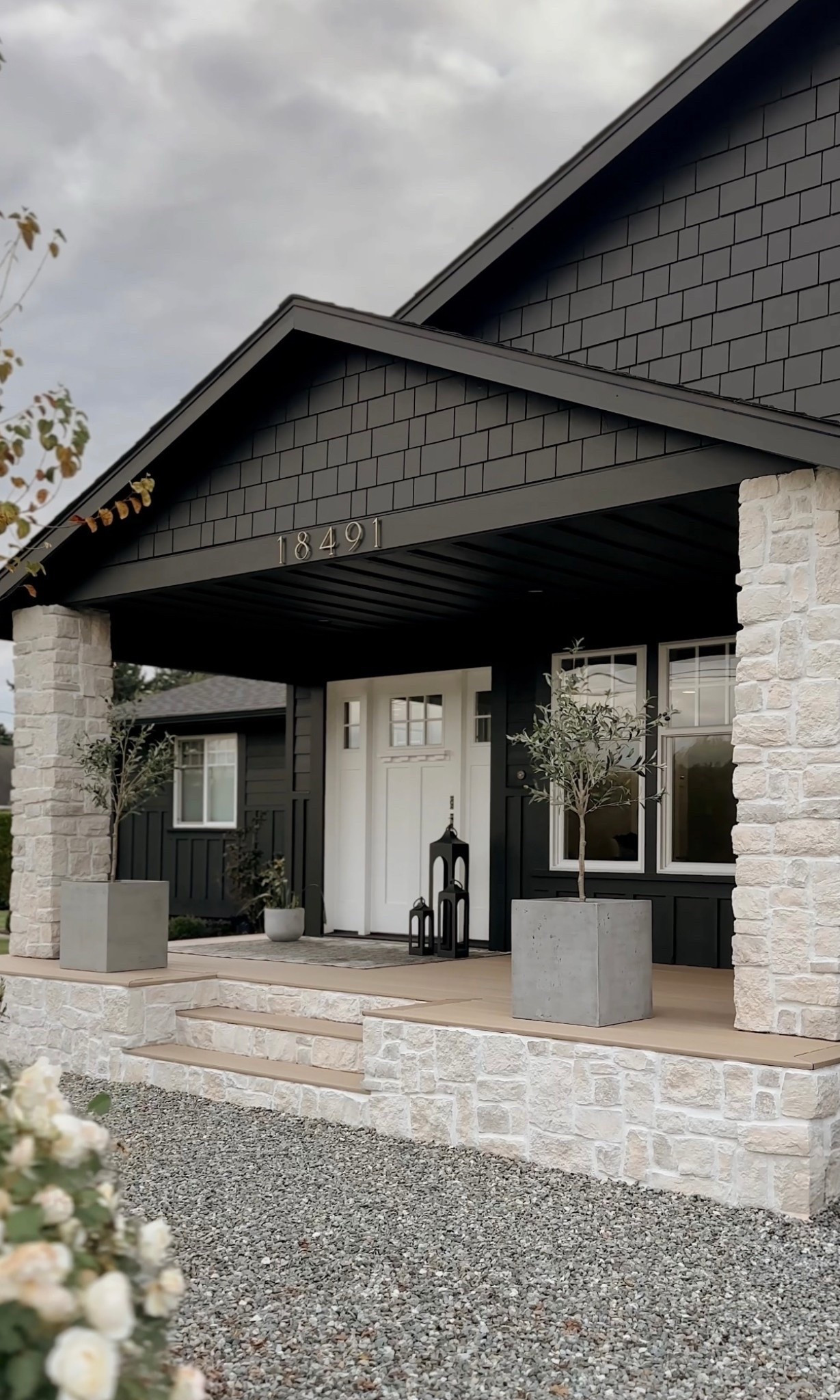 |exterior details| 
STONE: Eldorado RoughCut in the color “Casa Blanca” 
GROUT: Prism grout in the color “Snow White” 
PAINT COLOR: Benjamin Moore Aura paint in the color “Blacktop” 
DECKING MATERIAL: Timbertech composite decking in the color “Natural White Oak”
FAUX TREES: Amazon (linked below)
PLANTERS: Pottery Barn (linked below)
BRASS NUMBERS: CB2 (linked below)

#LTKSaleAlert #LTKHome