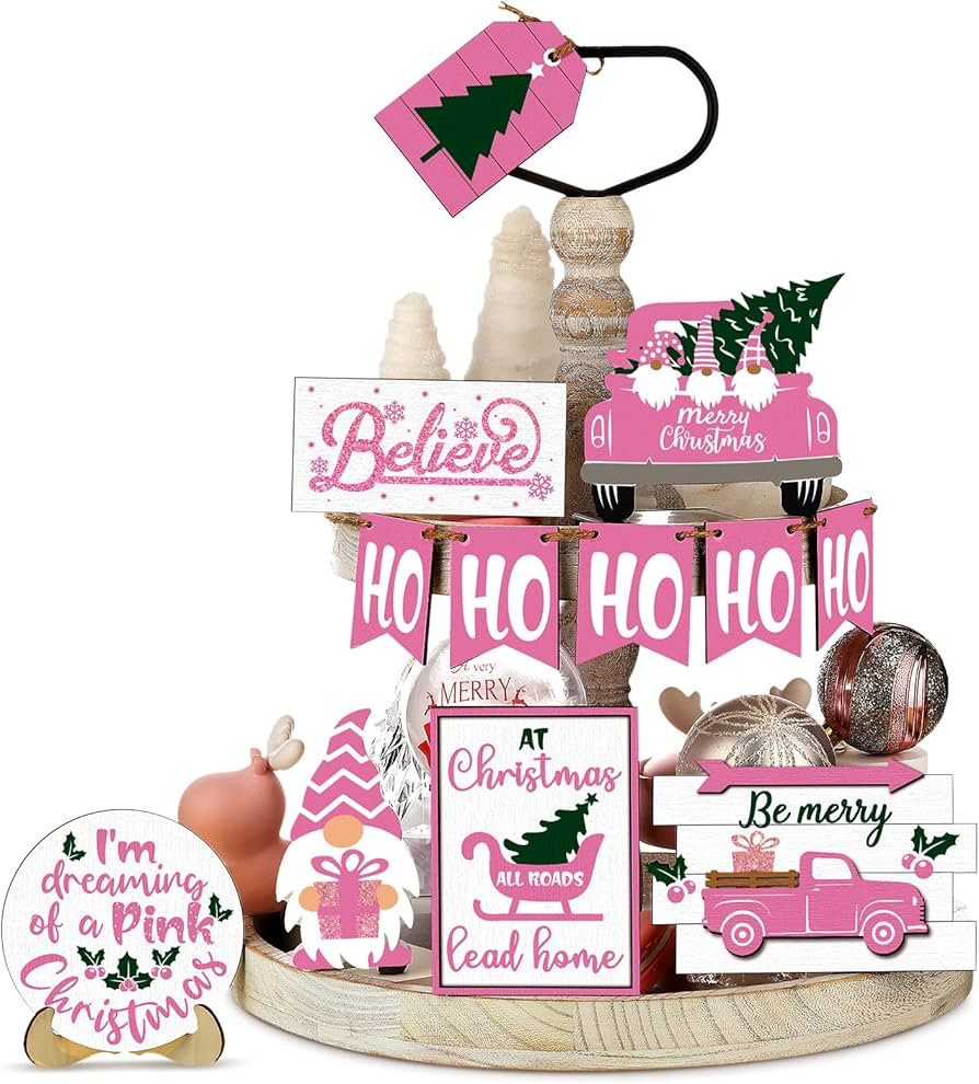Pink Christmas Tiered Tray Decor Gnome Christmas Decoration Believe Merry Christmas Wooden Signs ... | Amazon (US)