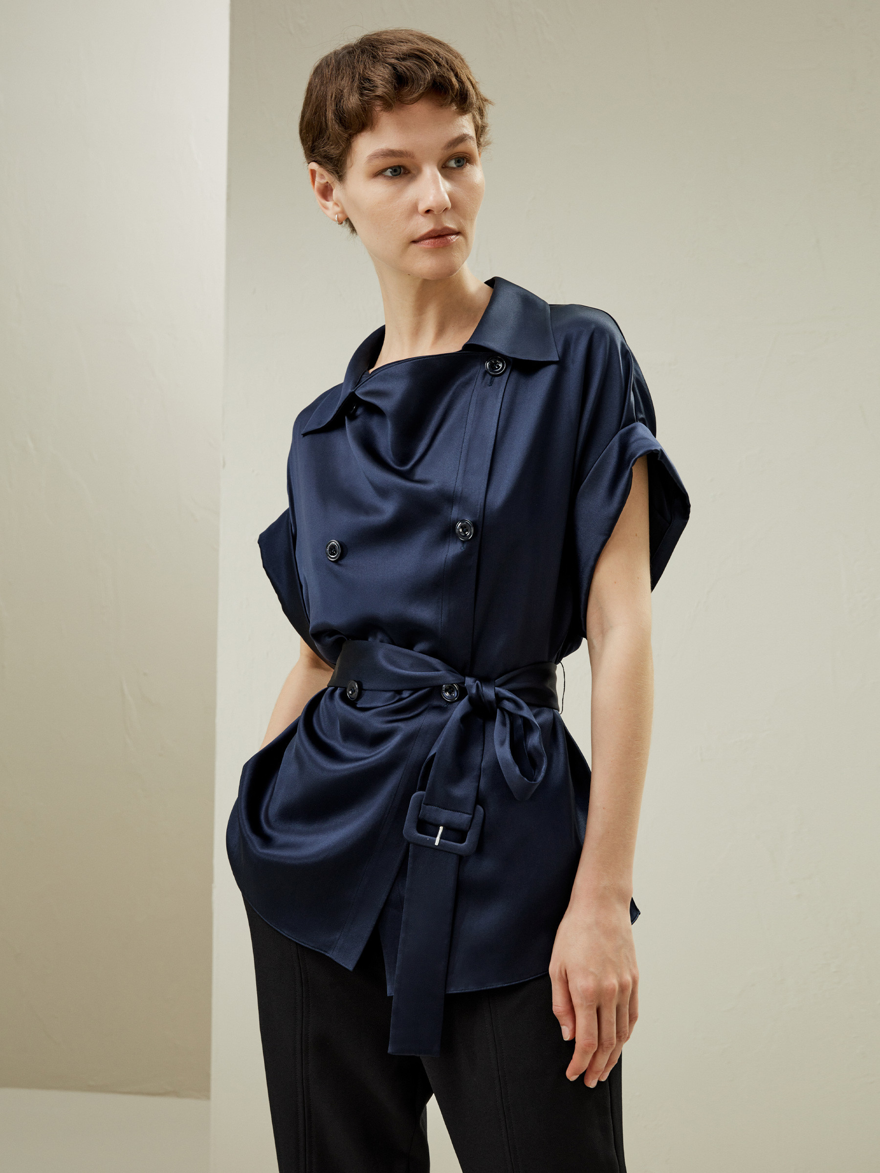 Roll-up Short Sleeves Top with Waist Belt | LilySilk