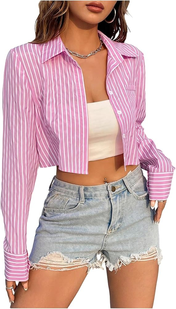 Floerns Women's Striped Button Down Shirts Collared Long Sleeve Crop Blouse Tops | Amazon (US)