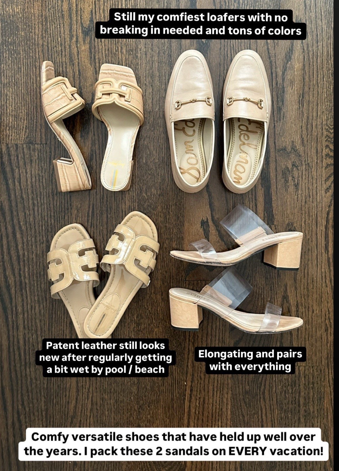 A few of my most worn neutral summer shoes I have had for several years and still reach for all the time! None of these required any breaking in for me and were comfortable out of the box 

• Sam Edelman Loafers 5.5. Great work / weekend / travel shoe. Cedarwood is more cooler toned taupe and the French Sand is more beige 

• Flat slide sandals, size 5 in Almond. A major benefit of the patent leather is that I have worn them many times in light water situations, such as poolside, waterparks with the kids and they have held up perfectly fine 

• Schutz clear pvc block heel slide sandals 5.5. These continue to be a go to for me since the clear strap aspect is elongating and flattering. 

• Sam Edelman Low block heel slides sandals, size 5. Mine are an older color, but they are available in several other neutrals this year.

@nordstrom #nordstrompartner

Petite friendly summer shoes, sandals 

#LTKStyleTip #LTKPetite #LTKShoeCrush