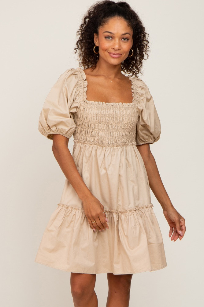 Beige Smocked Ruffle Accent Puff Sleeve Dress | PinkBlush Maternity
