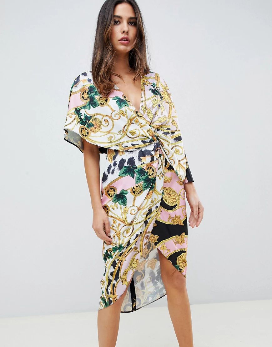 ASOS DESIGN satin kimono midi dress with knot front and asymmetric sleeve in chain print-Multi | ASOS (Global)