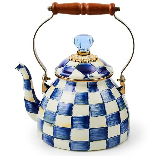MACKENZIE-CHILDS Enamel Tea Kettle, Stylish Tea Kettle for Stovetop, Blue-and-White Royal Check, 2 Quarts | Amazon (US)