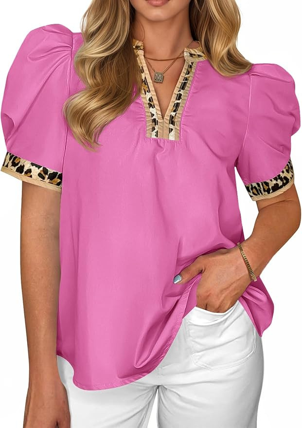 Tankaneo Womens Puff Sleeve Tops Leopard Blouses Dressy Loose Fit T Shirts | Amazon (US)