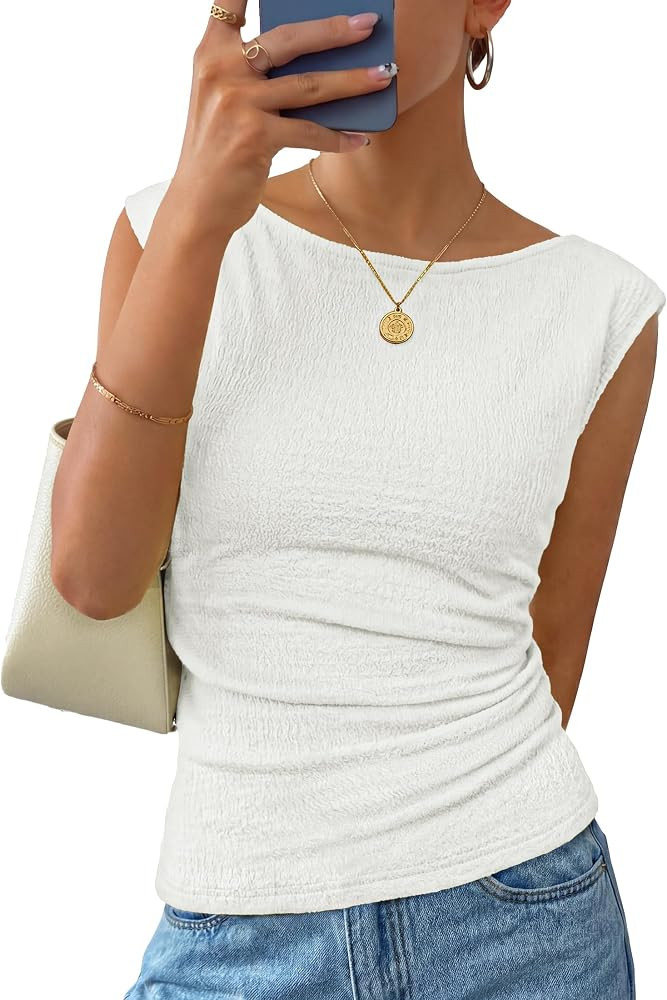 ZESICA Women's Summer Ruched Trendy Tank Top 2026 Cap Sleeve Boat Neck Slim Fit Cute Tops Going O... | Amazon (US)