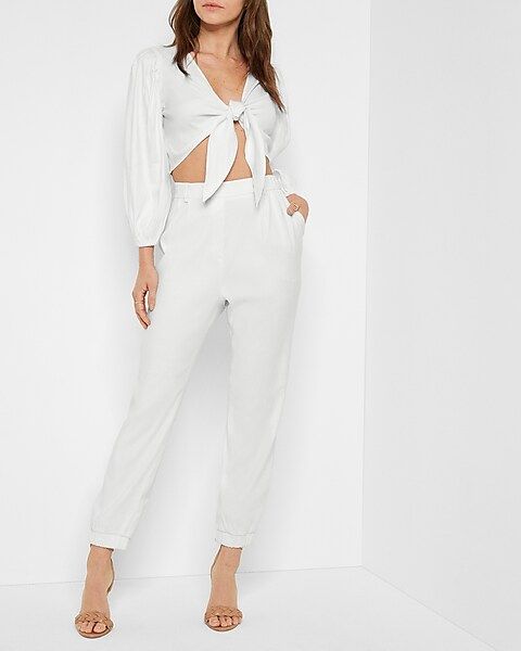 High Waisted Linen-Blend Pull-On Ankle Pant | Express