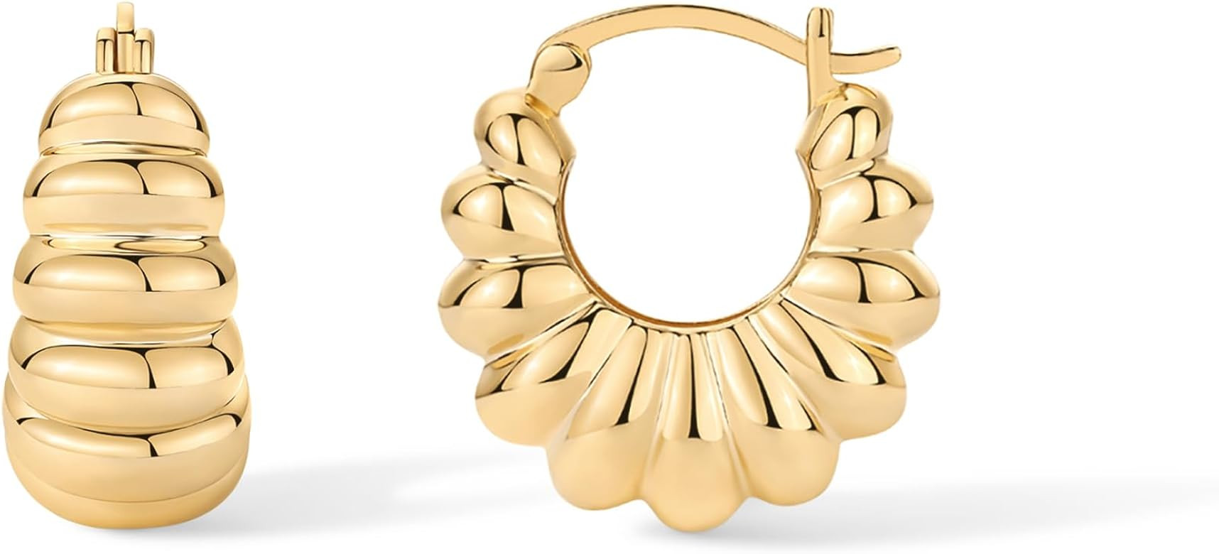 PAVOI 14K Gold Plated Bold Statement Hoop Earrings for Women - Trendy Boho Ribbed Croissant Scall... | Amazon (US)