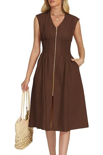 EZAPINE Smocked Waist Dress for Women Cap Sleeve V Neck Zip Up Casual Flowy Midi Dresses Brown | Amazon (US)