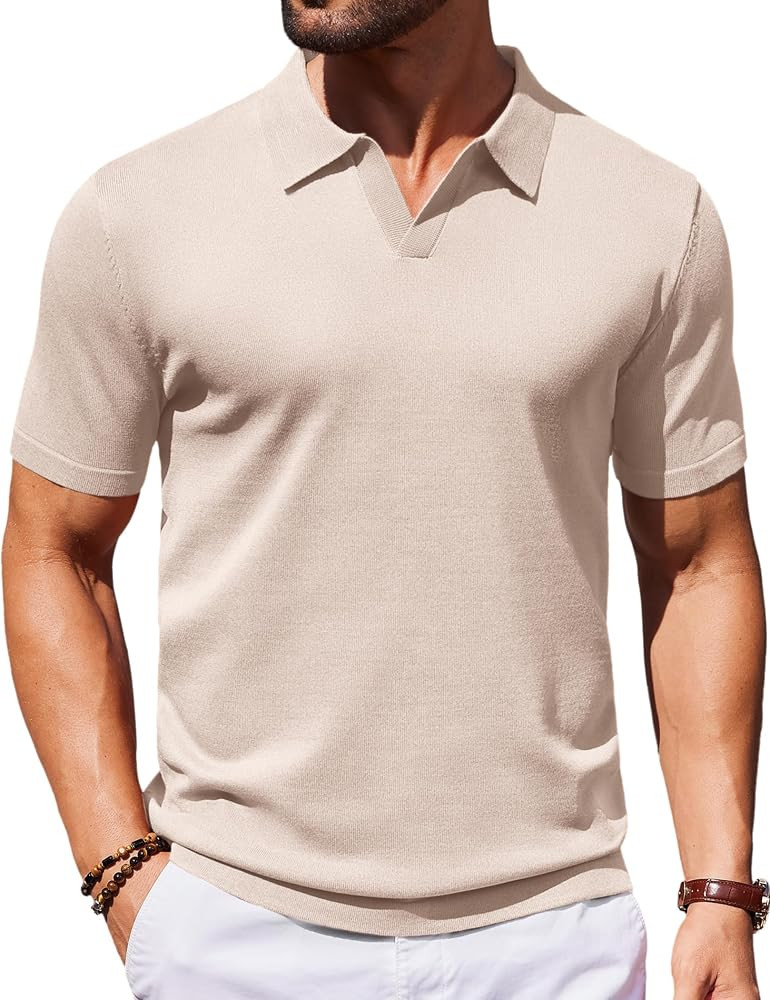 COOFANDY Men's V Neck Short Sleeve Stretch Knit Polo Shirt | Amazon (US)